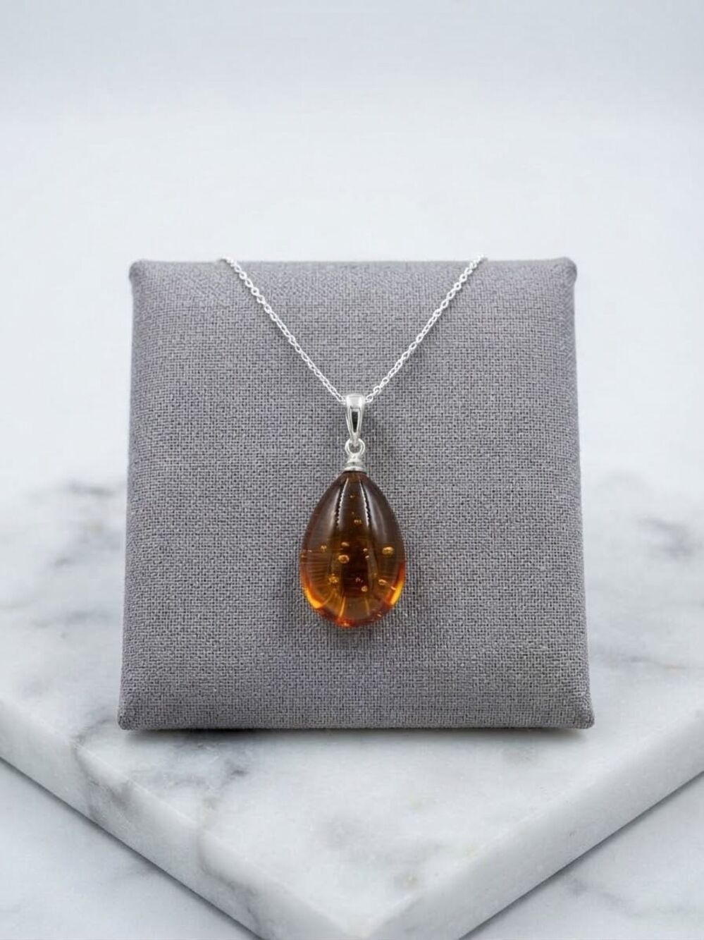 Natural Dark Honey Baltic Amber Teardrop Pendant 18” Necklace Silver New